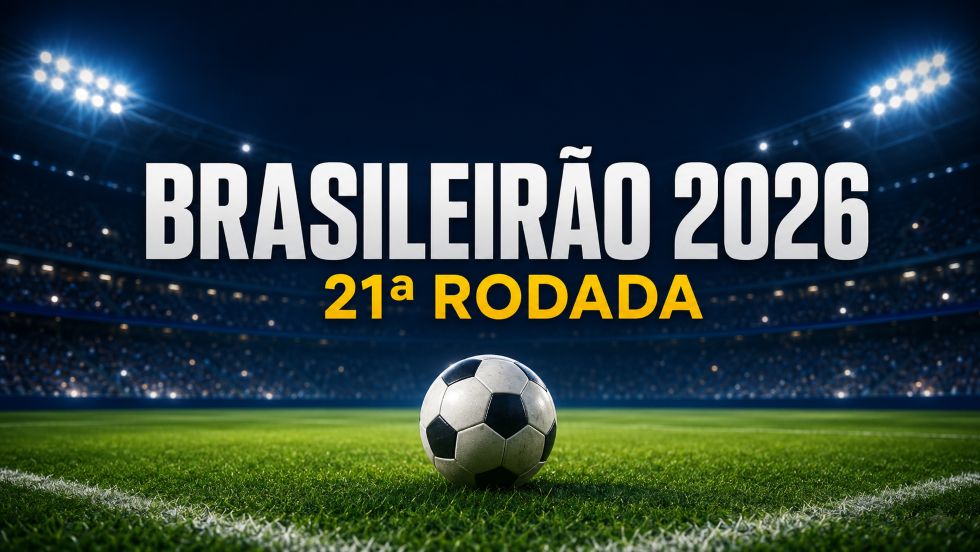 Arte horizontal com bola de futebol no gramado de um estádio iluminado e o título “Brasileirão 2026 — 21ª Rodada”.