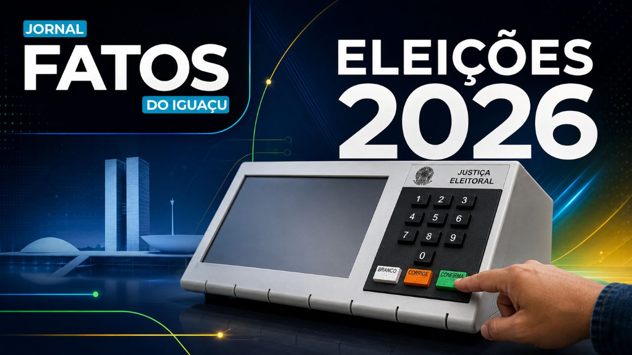 Arte horizontal de cobertura das Eleições 2026, com o logo do Jornal Fatos do Iguaçu, urna eletrônica e uma mão pressionando a tecla verde “Confirma”, sobre fundo azul com detalhes nas cores verde e amarelo.