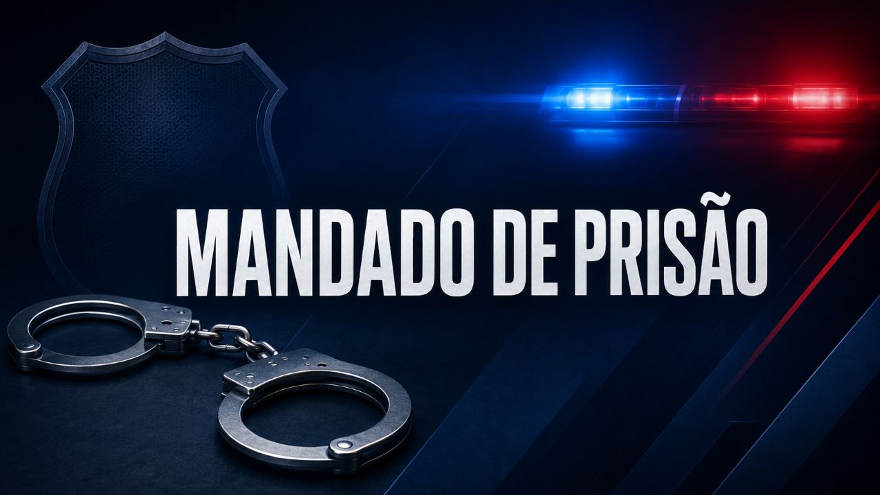 Arte ilustrativa com o título “Mandado de Prisão”, algemas, distintivo e luzes policiais vermelha e azul sobre fundo escuro.