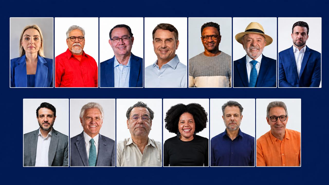 Montagem horizontal reúne os retratos dos 13 candidatos registrados para disputar a Presidência da República nas Eleições 2026, organizados em duas fileiras sobre fundo azul-escuro.