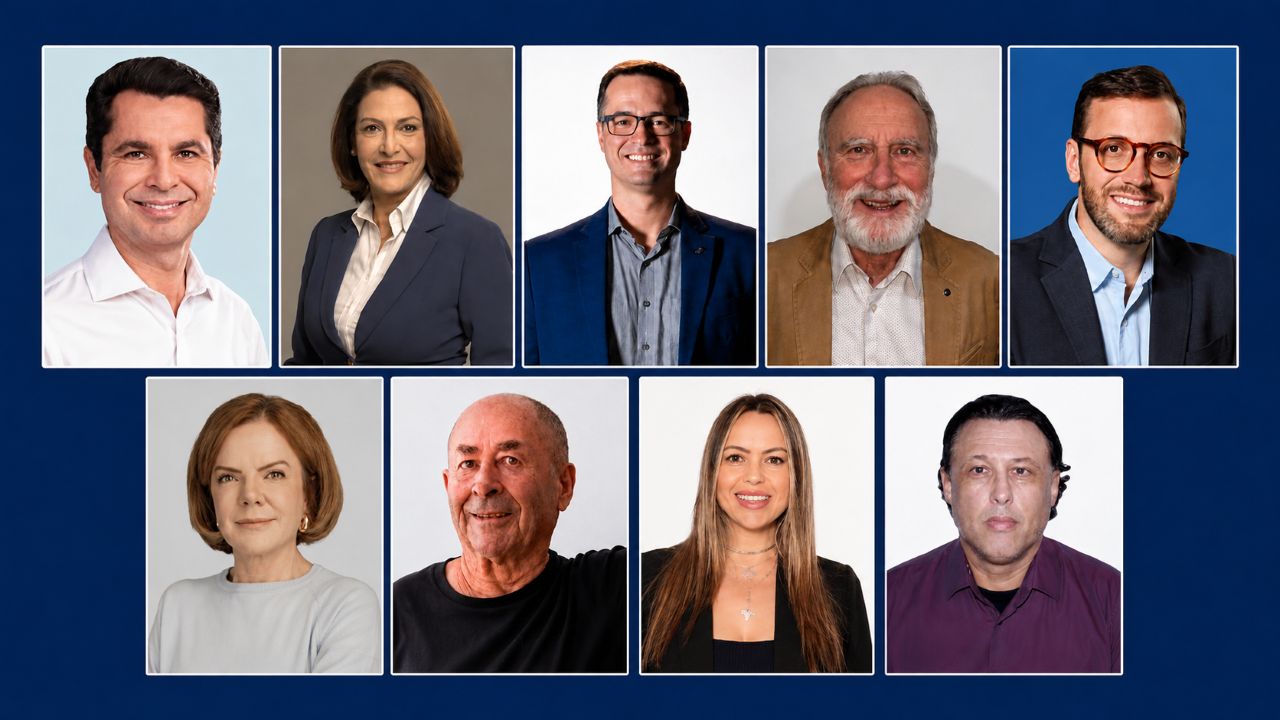 Montagem horizontal reúne os retratos dos nove candidatos registrados para disputar as duas vagas do Paraná no Senado Federal nas Eleições 2026, organizados em duas fileiras sobre fundo azul-escuro.