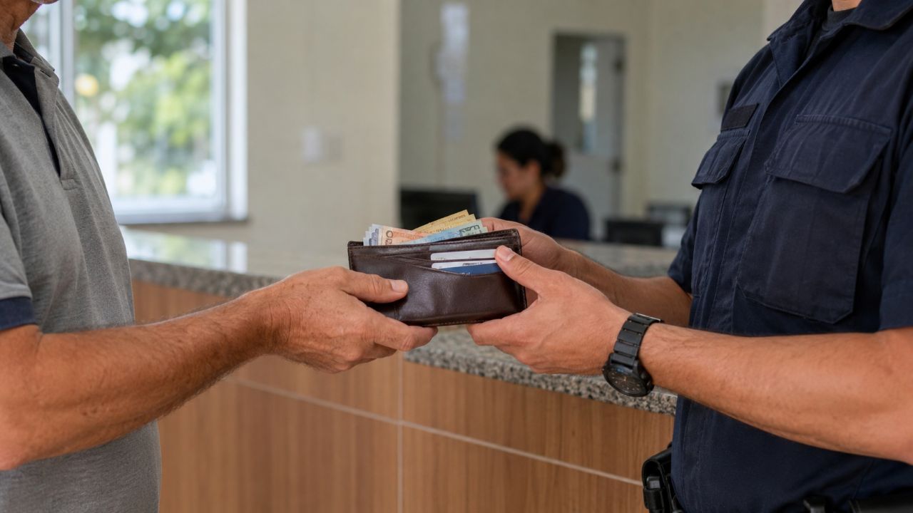 Homem entrega a um policial uma carteira com dinheiro e cartões, em imagem ilustrativa que representa honestidade e cidadania.