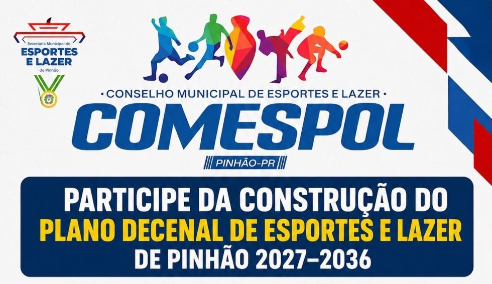 : Arte do Conselho Municipal de Esportes e Lazer de Pinhão, com silhuetas coloridas representando diferentes modalidades esportivas. O texto convida a população a participar da construção do Plano Decenal de Esportes e Lazer de Pinhão 2027–2036.