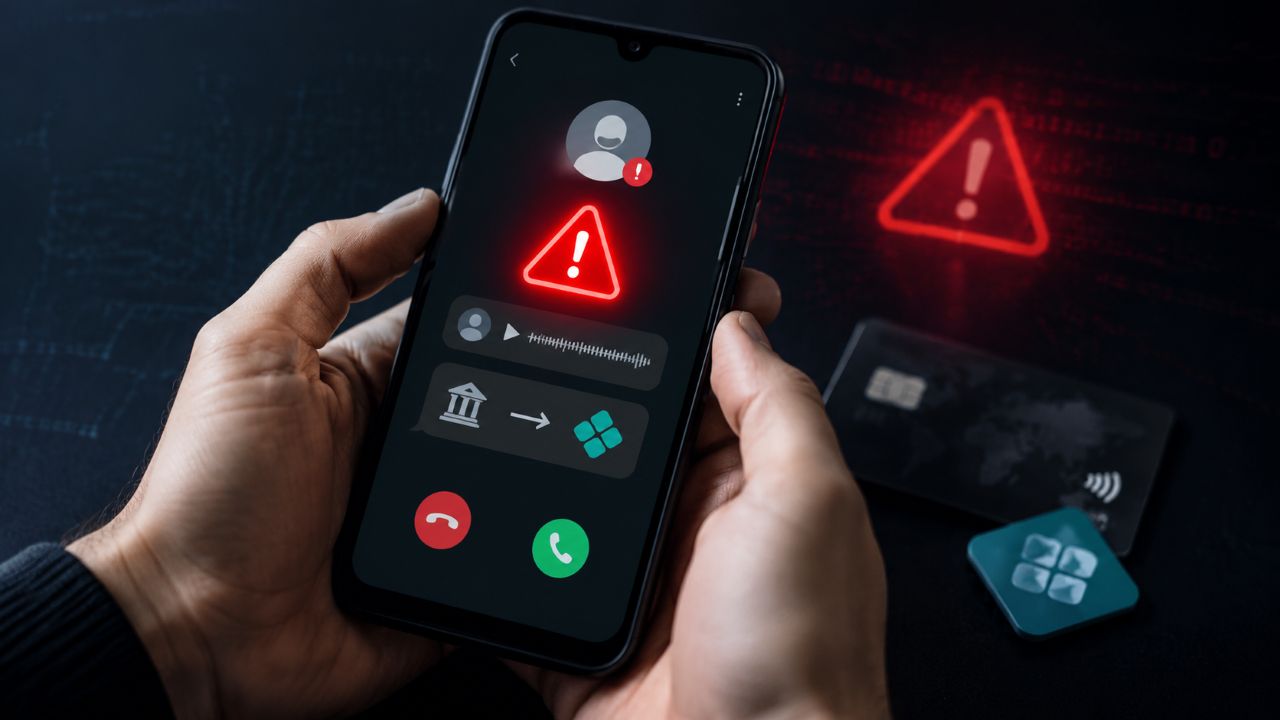 Pessoa segura um celular com símbolos vermelhos de alerta durante uma chamada suspeita; ao lado, aparecem um cartão bancário e elementos relacionados a transferências digitais.