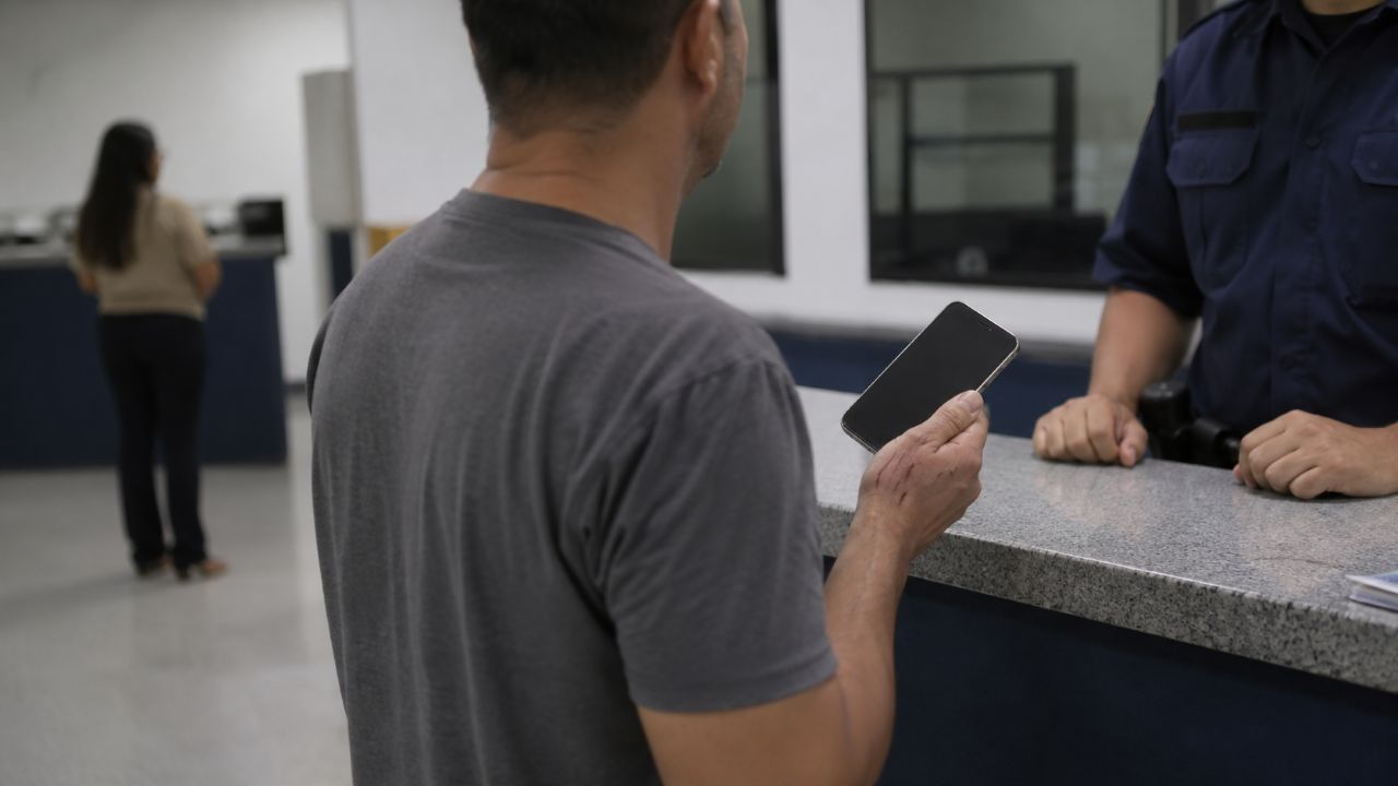 Homem de costas segura um celular enquanto conversa com um policial em um balcão de atendimento; ao fundo, uma mulher aparece desfocada. Imagem meramente ilustrativa.