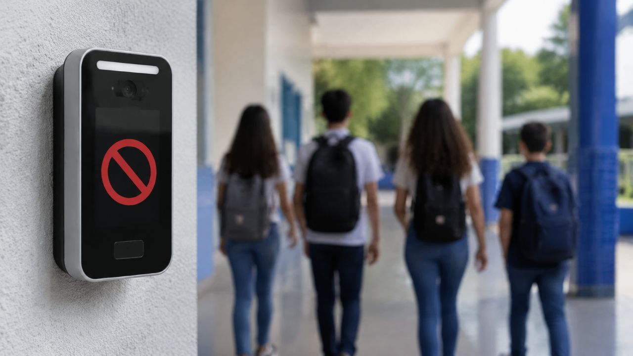 Equipamento de reconhecimento facial com símbolo vermelho de proibição em primeiro plano, enquanto estudantes vistos de costas caminham por um corredor escolar.