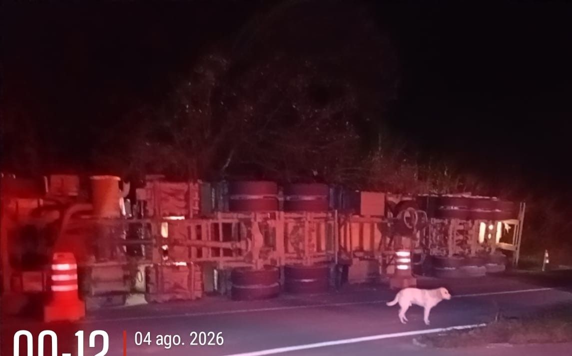 Caminhão com semirreboque tombado sobre a pista da PR-460 durante a noite, em Nova Tebas. Cones sinalizam o local do acidente, iluminado por luzes vermelhas de um veículo de emergência.