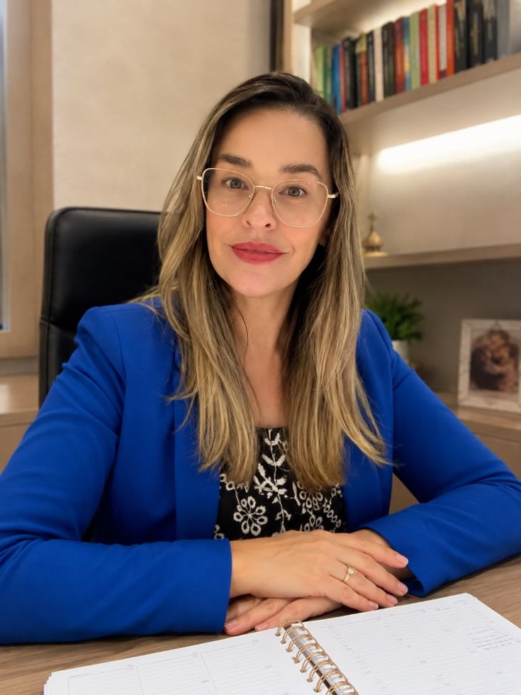Vereadora Vilma Kitcki, de óculos e blazer azul, sentada à mesa de trabalho em um escritório, com uma agenda aberta à sua frente.